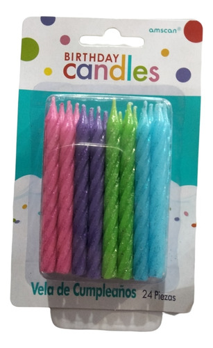 Velas De Cumpleaños De Colores Con Glitters C/24 Piezas 