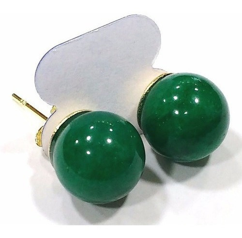 Par Brincos Esferas 8mm De Pedra Jade Verde Folheados A Ouro