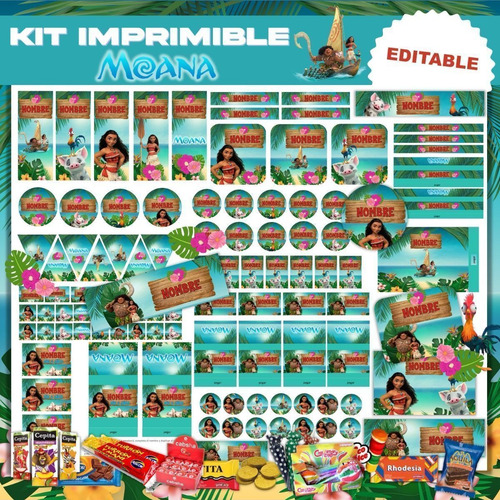 Kit Imprimible Moana Editable + Para Colorear