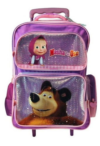 Mochila Ruedas Masha Y El Oso Escolar Brillante 