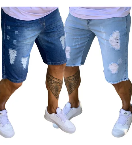 Kit 2 Bermudas Jeans Masculina Rasgada Desfiada Com Lycra Nf