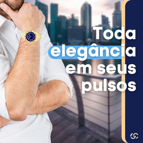 Relógio Champion Masculino Aço Dourado A Prova D'água Original Ca31355a Cor Do Visor Azul Cor Do Bísel Dourado Cor Da Pulseira Dourado