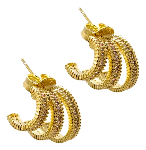 comprar Brinco Banhado A Ouro Zircônias 3 Aros - Tarraxa Grande 