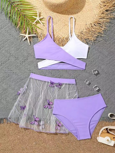 Bikini 3pcs Con Malla Y Falda Mariposa - Estilo Playa