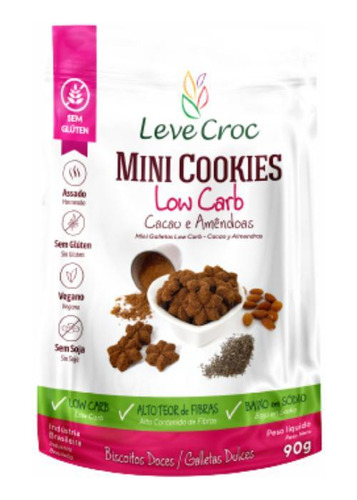 Cookie Low Carb De Cacau Amêndoas Sem Glúten Leve Crock 90g