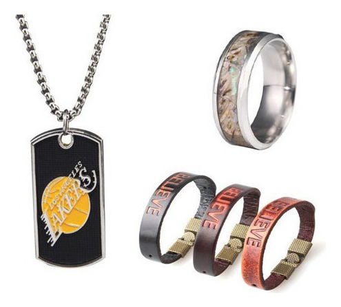 Colgante Lakers De 3 Piezas+pulsera De Cuero Con Letras Y Un