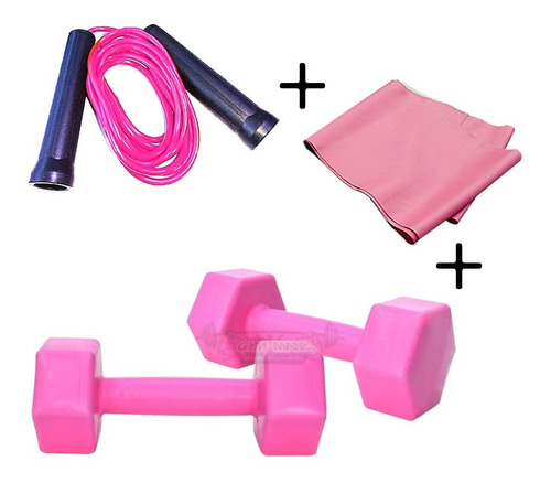 Kit Mancuernas 1k Rellenas  + Soga Salto Pvc + Banda Larga P