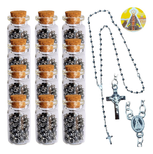 12 Garrafinhas De Vidro Com Terço Católico De Hematita 
