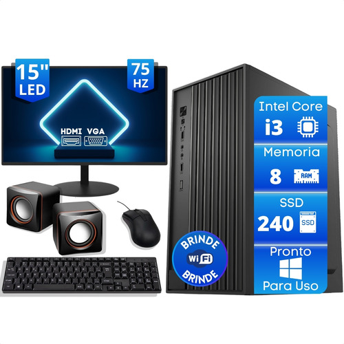 Pc Completo Intel I3 8gb Ssd 240gb Monitor 15 E Caixa De Som