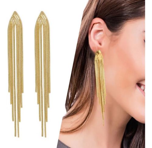 Brinco Par Feminino Tassel Longo Dourado Franjas Jóia Festas