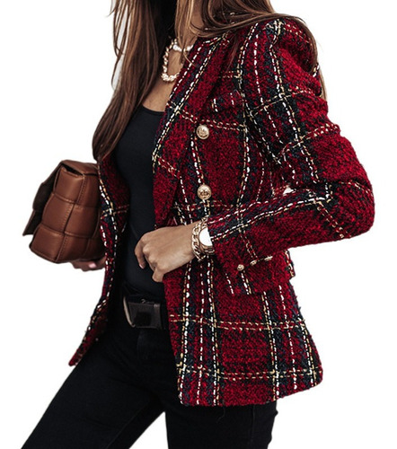 Jaqueta Feminina Manga Longa Xadrez Blazer Tweed