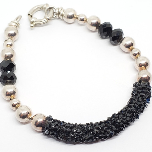 Imagen 4 de 6 de Pulsera Plata Cristal Swa Negro Y Bolitas De Onix X 20 Cm