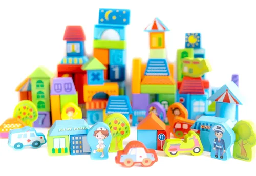 Bloques Madera Colores Construir Ciudad Zoo Infantil 100 Pz