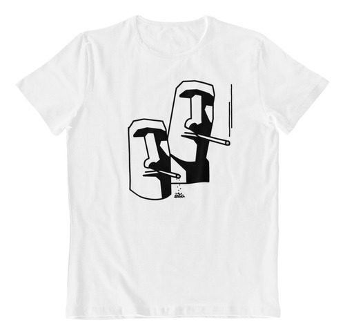 Polera Blanca Algodon Estampada Dtf Moai Fumando Humor Chile