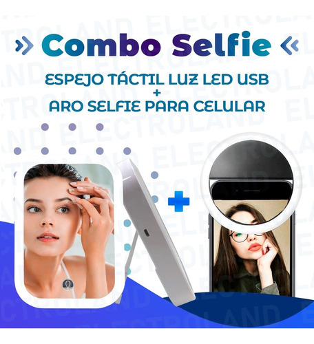 Imagen 3 de 10 de Combo Aro Sefie Para Celular + Espejo Táctil Luz Led Usb