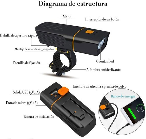 Imagen 2 de 7 de Lámpara Led T6 Recargable 1000 Lm Impermeable Para Bicicleta