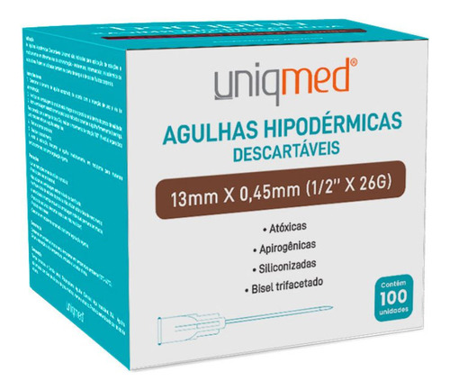 Agulha HiPodérmica 13mmx0,45mm (1/2 X26g) Cx C/ 100 Unds Capacidade em volume 26 mL