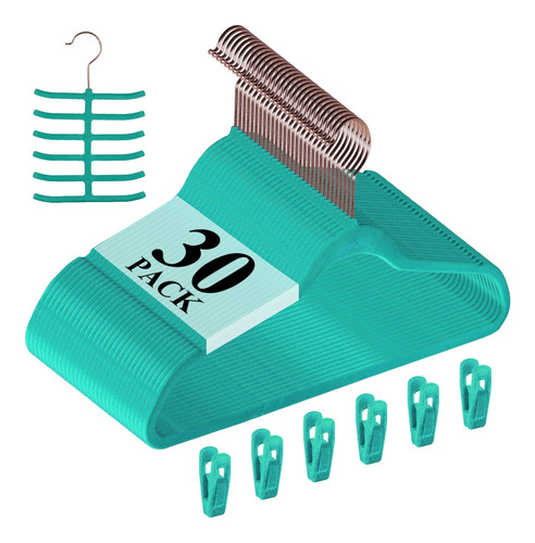 Perchas De Terciopelo Premium + Clips - Pack 30u. Teal