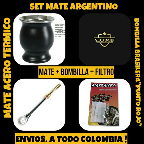 Set Mate!mate De Acero Argentino C\bombilla Punto Rojo*+filt