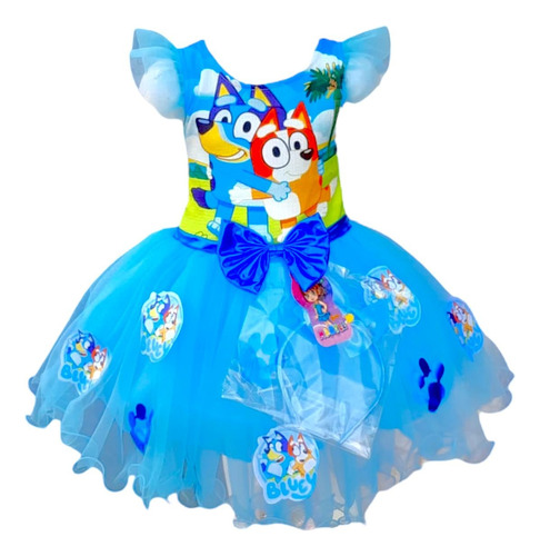 Vestido De Tul Bluey Y Bingo Con Diadema