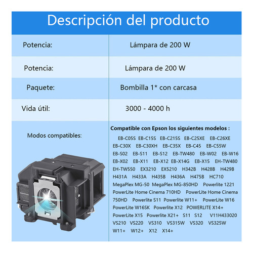 Lâmpada de projetor completa compatível com Epson Elplp67 V13h10l67 S11 S12/x14