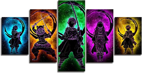 5 Cuadros Decorativos Demon Slayer Personajes Neon Siluetas