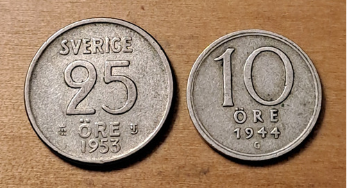 Suecia X 2 Monedas 10 Ore 1944 Y 25 Ore 1953. Plata Baja