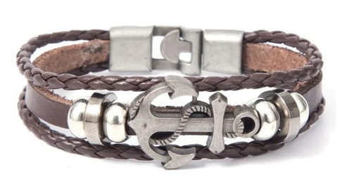 Pulsera De Cuero Marron Con Ancla