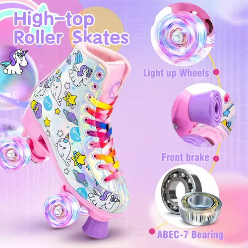 SULIFEEL Patines en línea de unicornio arcoíris para niñas y niños, 4  tamaños, ajustables, con ruedas iluminadas, para niños principiantes