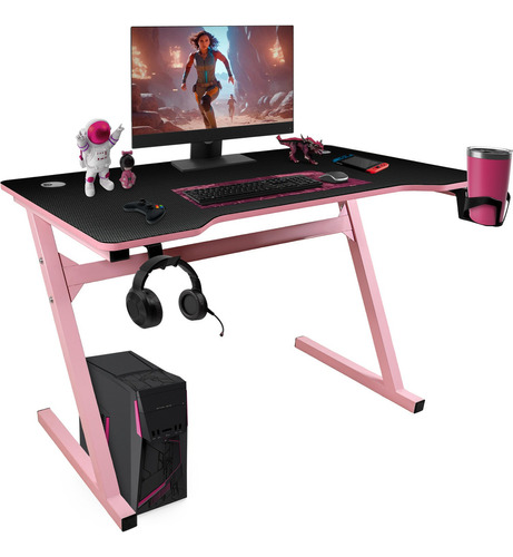 Escritorio Gamer Portavasos Soporte Audifonos Fibra Carbono Color Rosa