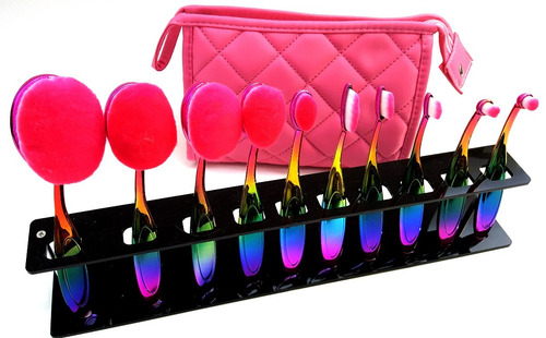 Imagen 4 de 6 de Set 10 Pinceles Ovales Profesional + Neceser Rosa O Violeta