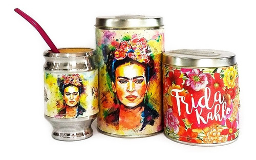 Imagen 5 de 8 de Equipo De Mate Madera Completo Frida Kahlo Regalo Cuero