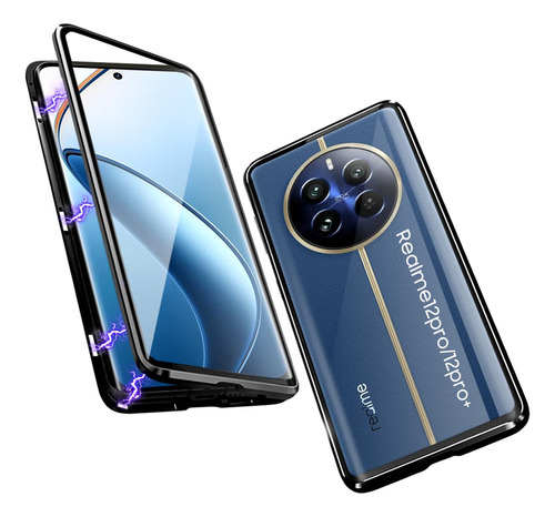 Funda Realme 12 Pro / 12 Pro+ 5g  Cristal Templado Doble Cara + Protector De Cámara  Marco Metálico Magnético (compatible Magsafe)  Transparente