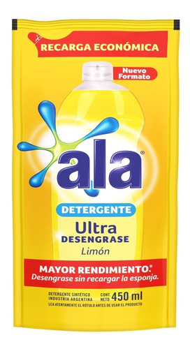 Imagen 2 de 4 de Detergente Ala Ultra Limon Doy Pack X 450ml