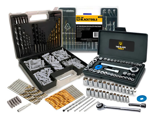 Jogo De Brocas Buchas E Bits Com 300 Peças E Maleta + Kit Chaves Catraca Reversível 40 Peças The Black Tools
