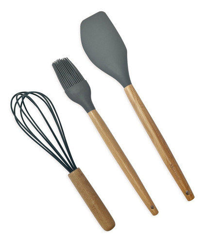 Set Repostería Espátula Brocha Batidor Silicón Negro Madera