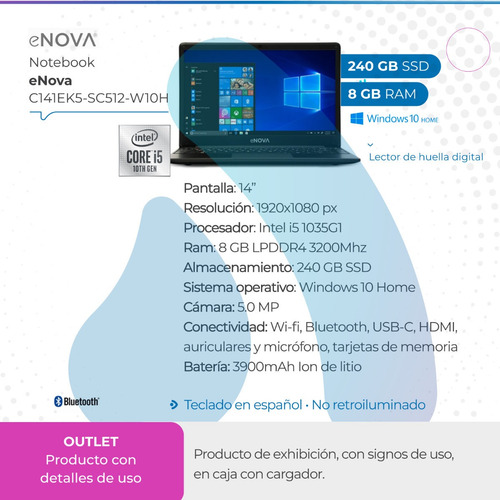 Imagen 2 de 10 de Notebook Enova 14 Intel I5 1035g1 8gb Ram 240gb Ssd Outlet