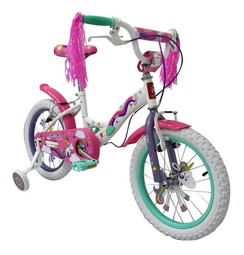 Bicicleta infantil Monk Pintarela Sparkly Unicornio  2020 R16 1v frenos v-brakes color blanco con ruedas de entrenamiento
