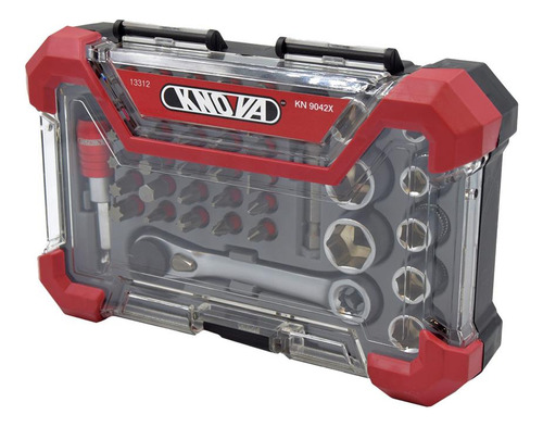 Juego de Dados y Puntas con 42 Pieza De Cromo Vanadio con Mini Llave, Liberador Rápido, Barra De Extensión Y Estuche De Uso Profesional Modelo KN 9042X KNOVA