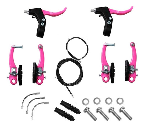 Jogo De Freio Bicicleta V-brake Nylon C/ Manete + Cabos Mtb Cor Rosa