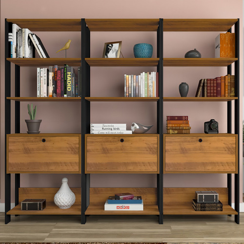 Conjunto Estantes Para Livros Future 3 Portas Basculantes 9 Cor Marrom-claro