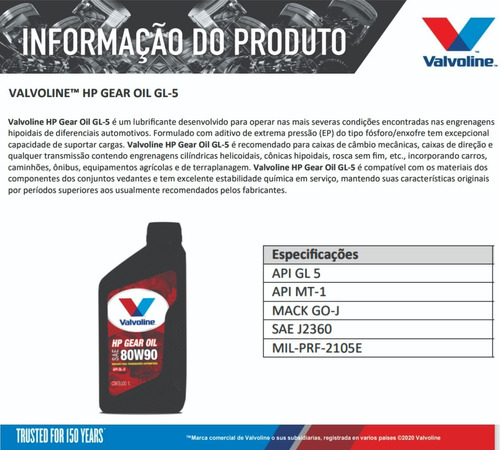 Oleo Cambio Valvoline 80w90 Hp Gear Oil Mineral Api Gl-5