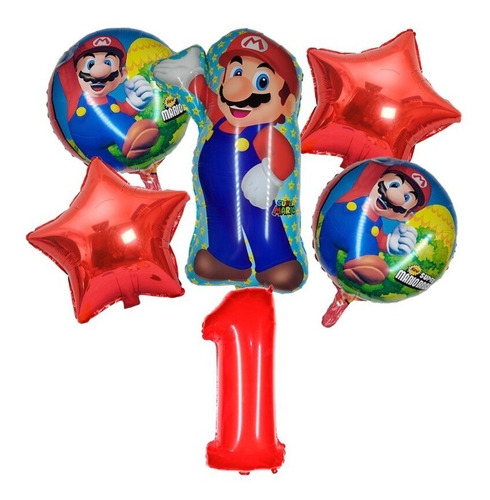 Imagen 1 de 1 de Set De 6 Globos Metalizados De Mario Bross Con Número