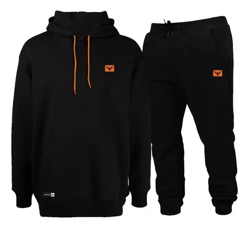 Conjunto Blusa Frio Moletom Capuz Bolso Calça Inverno Preto