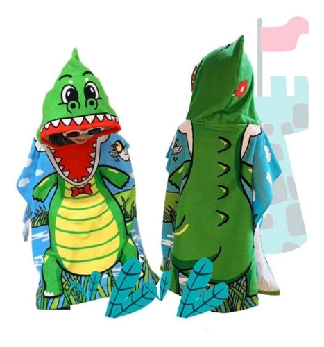 Toalha Poncho De Praia Infantil Capuz Estampada Dinossauro