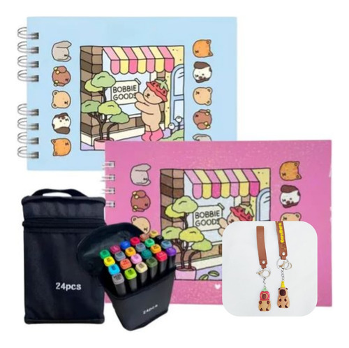 Livro De Colorir Bobbie Goods Capa Dura 50 Folhas Com Acetato + Kit Com 24 Canetinhas Touch Ponta Dupla Coloridas + Brinde Chaveiro- Ideal Relaxamento Estimula Criatividade Infantil Presente Crianças
