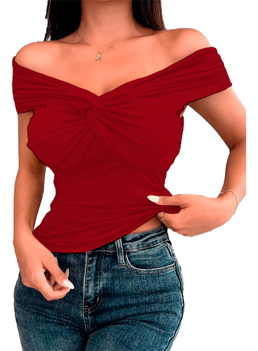 Blusa Crop Top Asimetrica Manga Corta Ajustada Casual Mujer