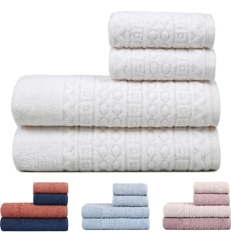 Jogo De Toalhas 4 Peças Toalha Aveludada Banho E Rosto Felpuda Macia Grossa Grande Luxo Jacquard 2 Pçs De Cada - Branco - 100% Algodão - 70 Cm X 1, 35 M E 50 Cm X 70 Cm - Renova Enxovais