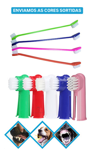 Kit Escova Dental Dupla E Escova Tipo Dedal Para Pets