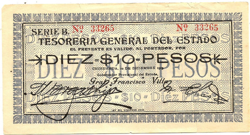 Antiguo Billete De 10 Pesos Chihuahua Gob. General Fco Villa